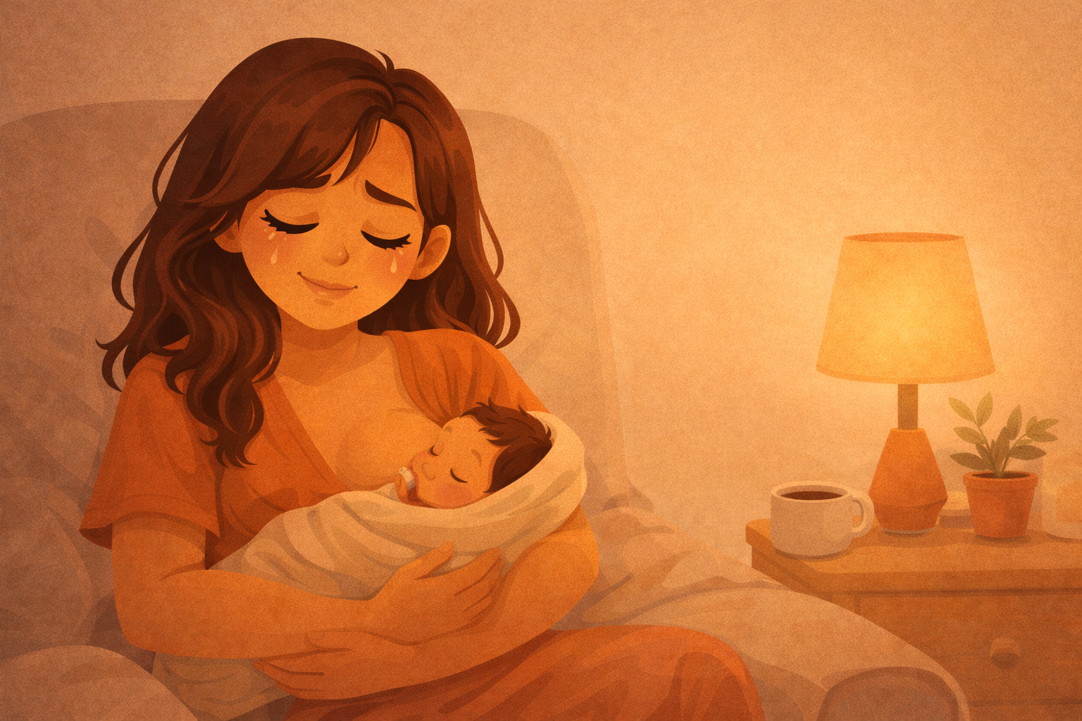 Mamá amamantando a su bebé con una lágrima en la mejilla y una sonrisa cansada