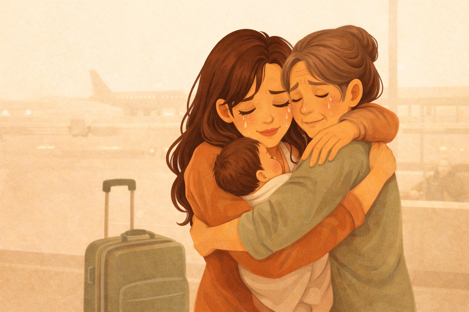 Hija abrazando a su mamá en el aeropuerto, sosteniendo a su bebé, una despedida cargada de amor