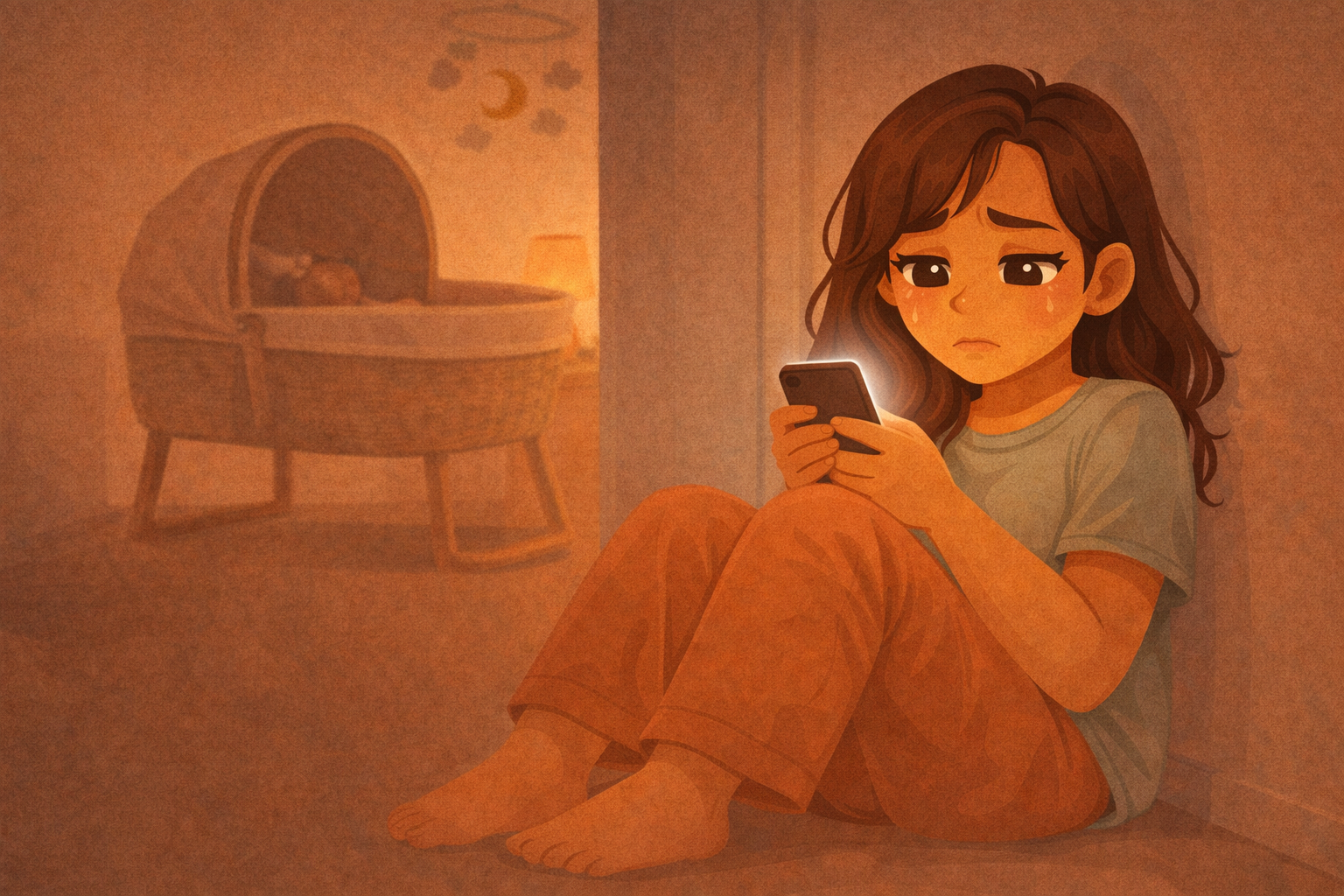 Mamá en pijama sentada en el suelo de noche con el teléfono en la mano buscando respuestas