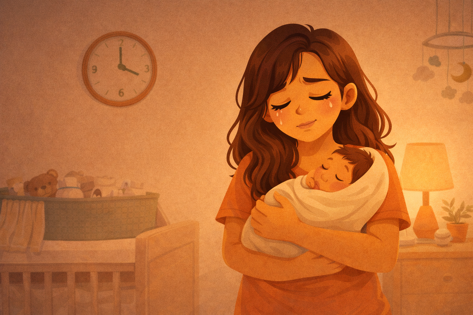 Mamá cargando a su bebé en brazos a las 3am en un cuarto tenuemente iluminado